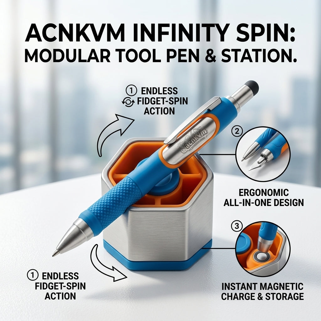QacnkVm™ Infinity Spin Modular Tool Pen & Station – 5-in-1 Multifunctional Fidget Spinner Pen with Precision Craft Blade, Stylus & Magnetic Charging Base – Creative Desktop EDC Gift for Professionals & Creators