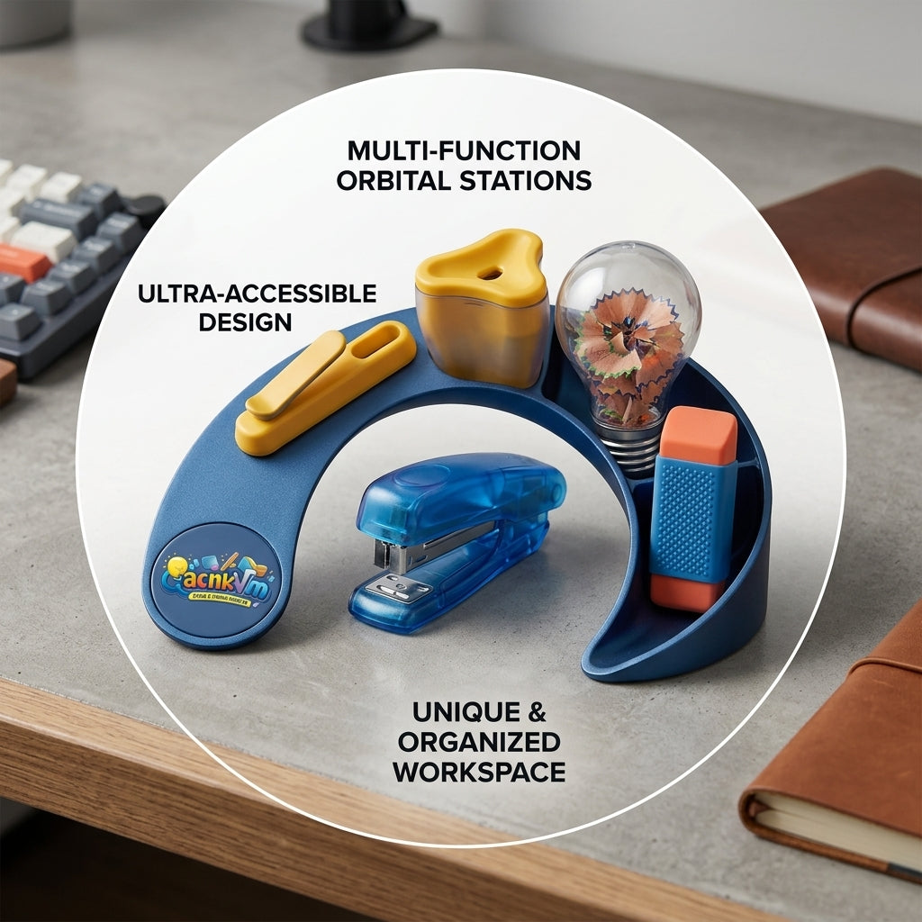 QacnkVm™ Multi-Function Orbital Desk Organizer - 5-in-1 Integrated Stationery Set with Mini Stapler, Pencil Sharpener, Eraser & Desktop Storage - Ergonomic Space-Saving Design for Home Office & School