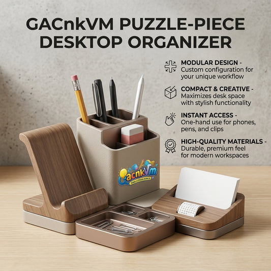 QacnkVm™ Modular Puzzle-Piece Desktop Organizer Set - Multi-functional Office Accessories with Wood Grain Finish & Phone Stand - 4-Piece Customizable Stationery Holder for Home Office & Professional Workspace