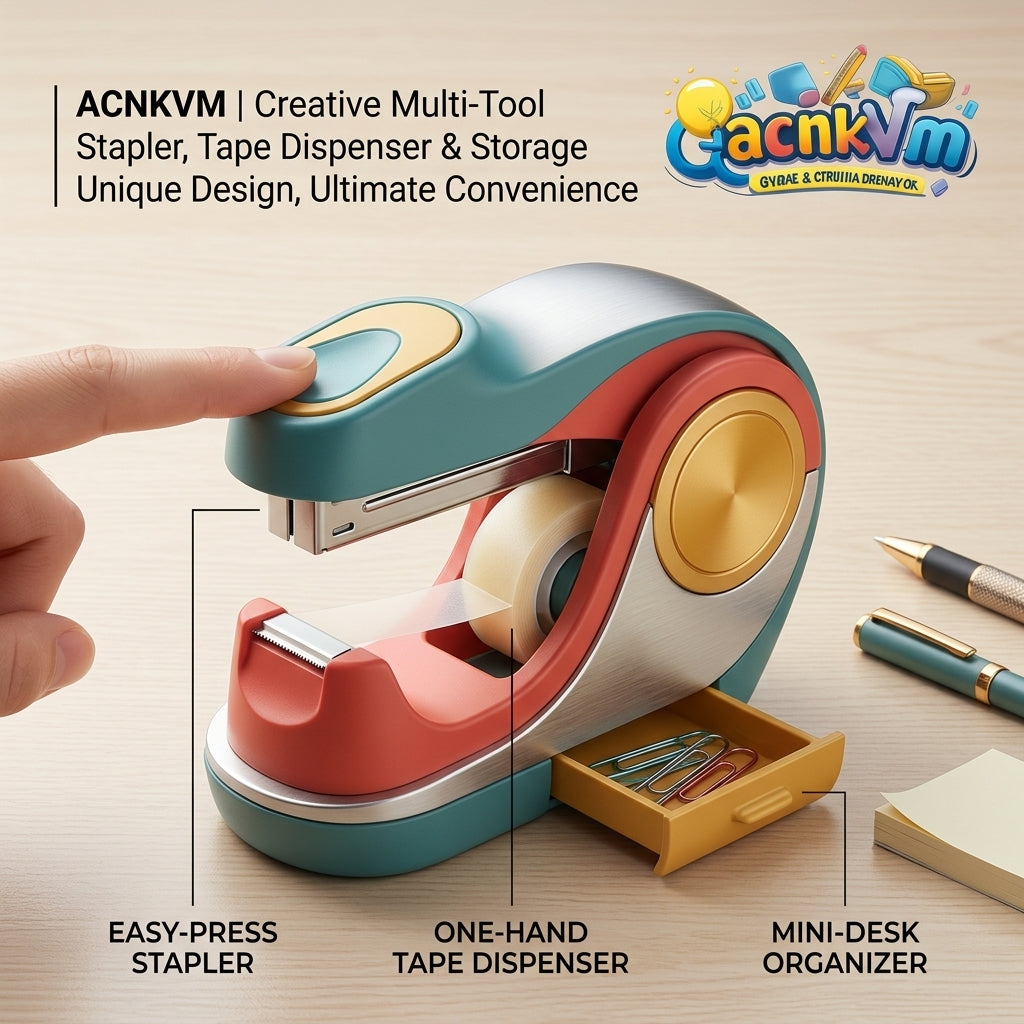 QacnkVm™ 3-in-1 Desktop Multi-Tool | Heavy Duty Stapler, One-Hand Tape Dispenser & Mini Storage Drawer | Aesthetic Office Supplies & Stationery Gift for Home Office, School, Work