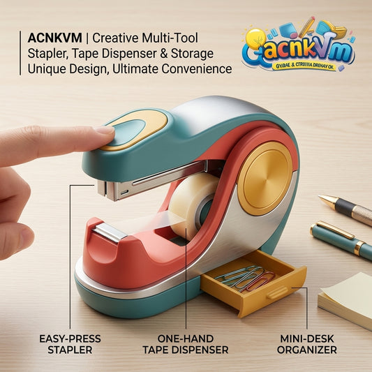 QacnkVm™ 3-in-1 Desktop Multi-Tool | Heavy Duty Stapler, One-Hand Tape Dispenser & Mini Storage Drawer | Aesthetic Office Supplies & Stationery Gift for Home Office, School, Work