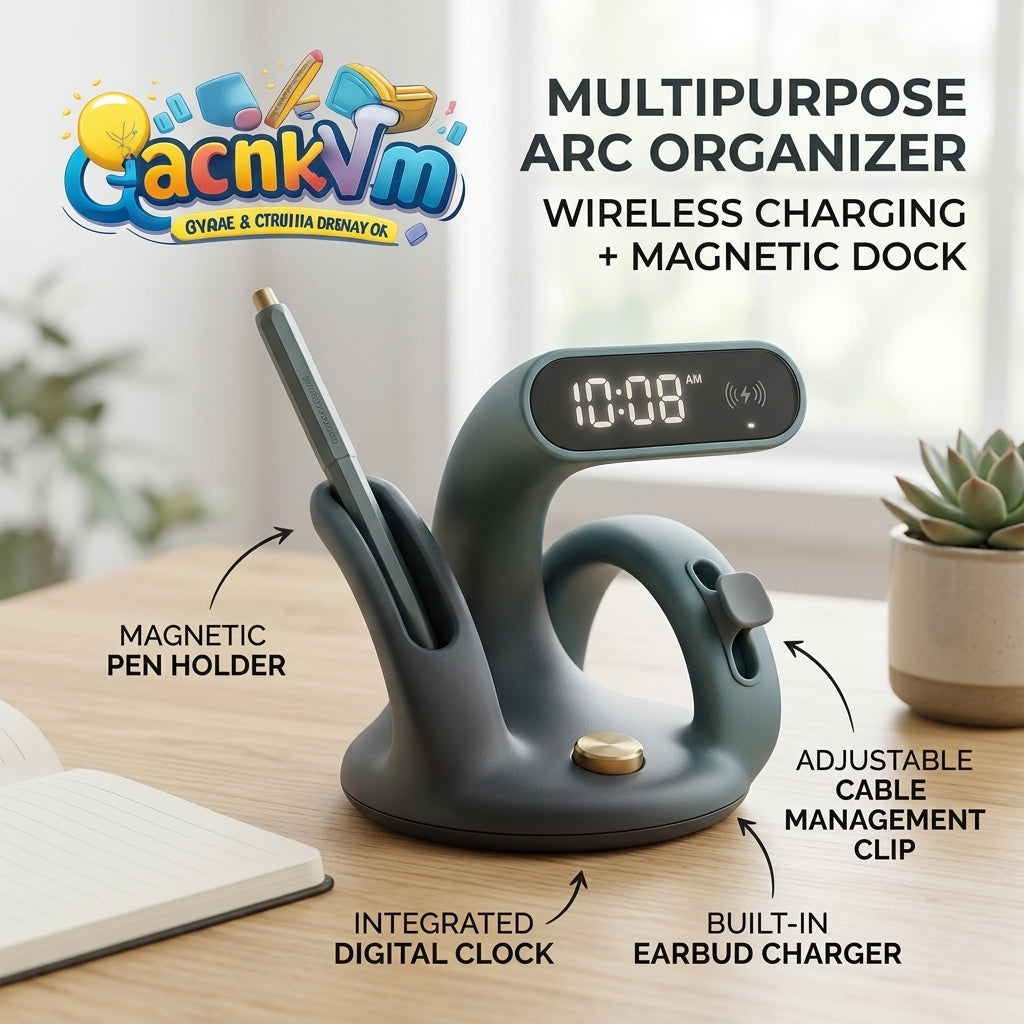 QacnkVm™ Multipurpose Arc Organizer – Wireless Charger & Digital Clock with Magnetic Dock, Pen Holder, and Cable Management – All-in-One Sleek Desk Tidy for Home Office & Study