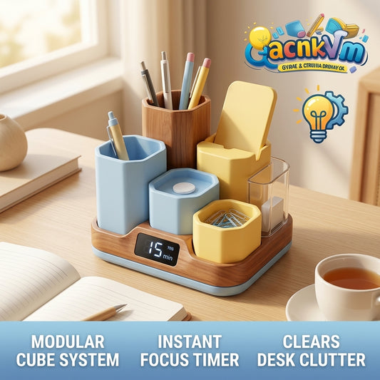 QacnkVm™ Modular Desk Organizer with Integrated Digital Focus Timer | 6-in-1 Customizable Office Storage System | Aesthetic Space-Saving Desktop Caddy for Home Office, Students & Remote Work Productivity